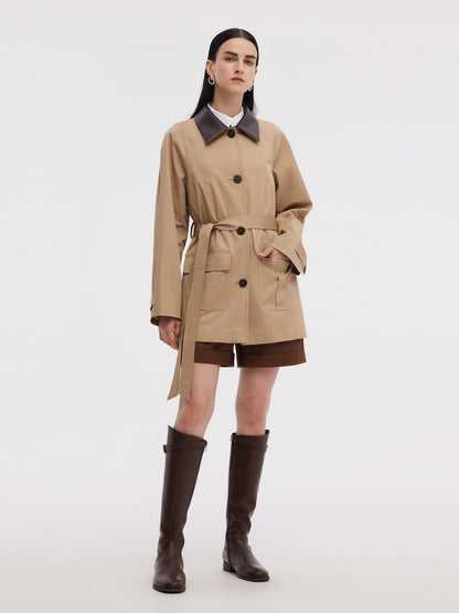 Cotton Adjustable Cuffs Self-Tie Belt Women Trench Coat