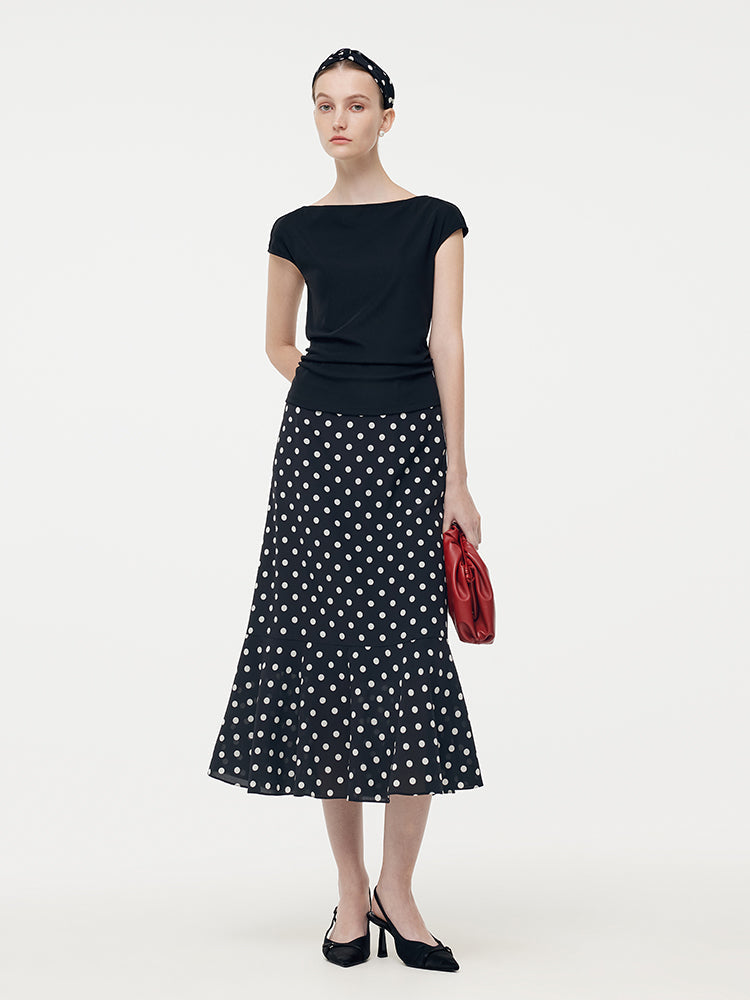 Acetate Knit Top And 16 MM Mulberry Slik Polka Dots Skirt Two-Piece Set