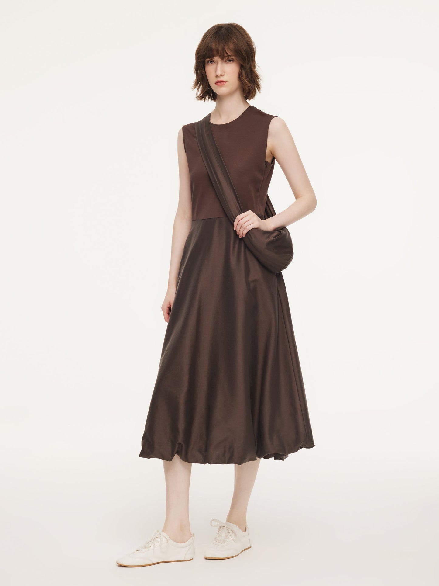 Dark Brown Patchwork Bubble Hem Women Sleeveless Maxi Dress With Bag