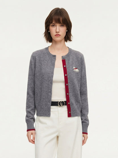 100% Wool Color Block Pony Embroidered Women Cardigan