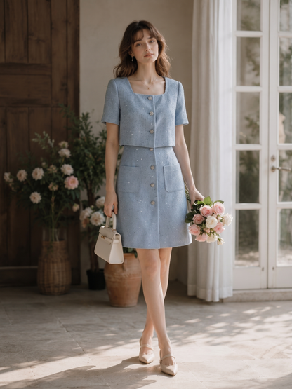 Acetate Blend Tweed Sequins Square Neck Women Mini Dress