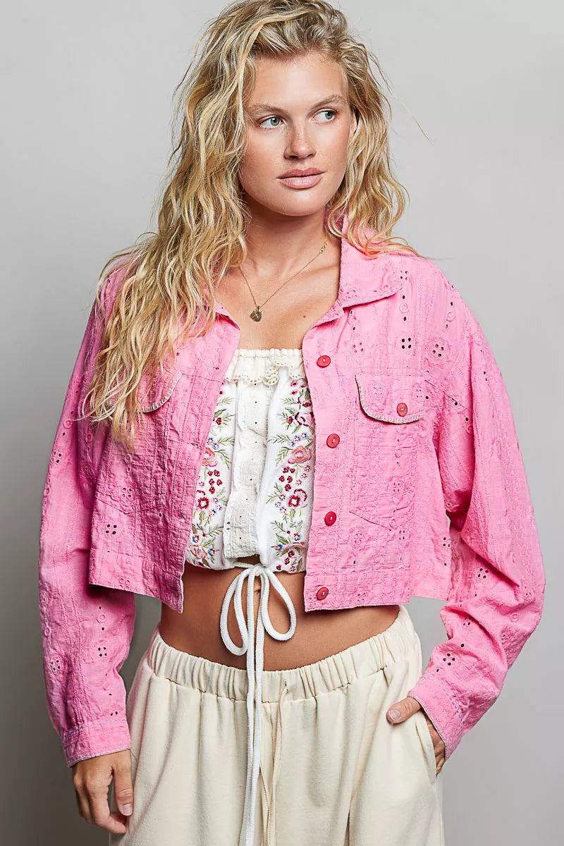 POL Eyelet Textured Cotton Cropped Button-Front Jacket