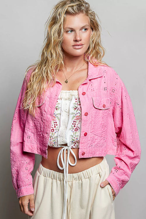POL Eyelet Textured Cotton Cropped Button-Front Jacket