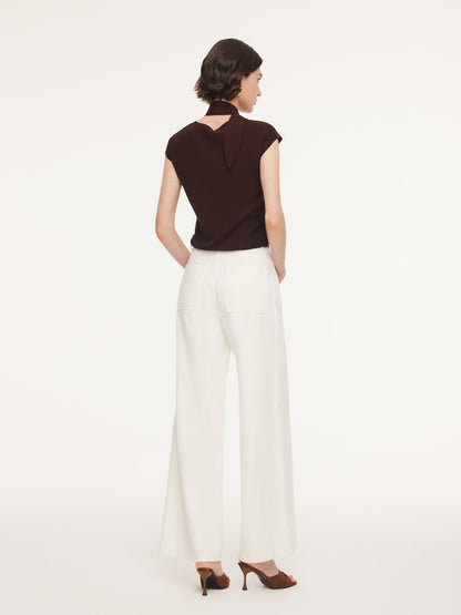Tencel Blend Asymmetrical Hem Women Knit Top With Ribbon