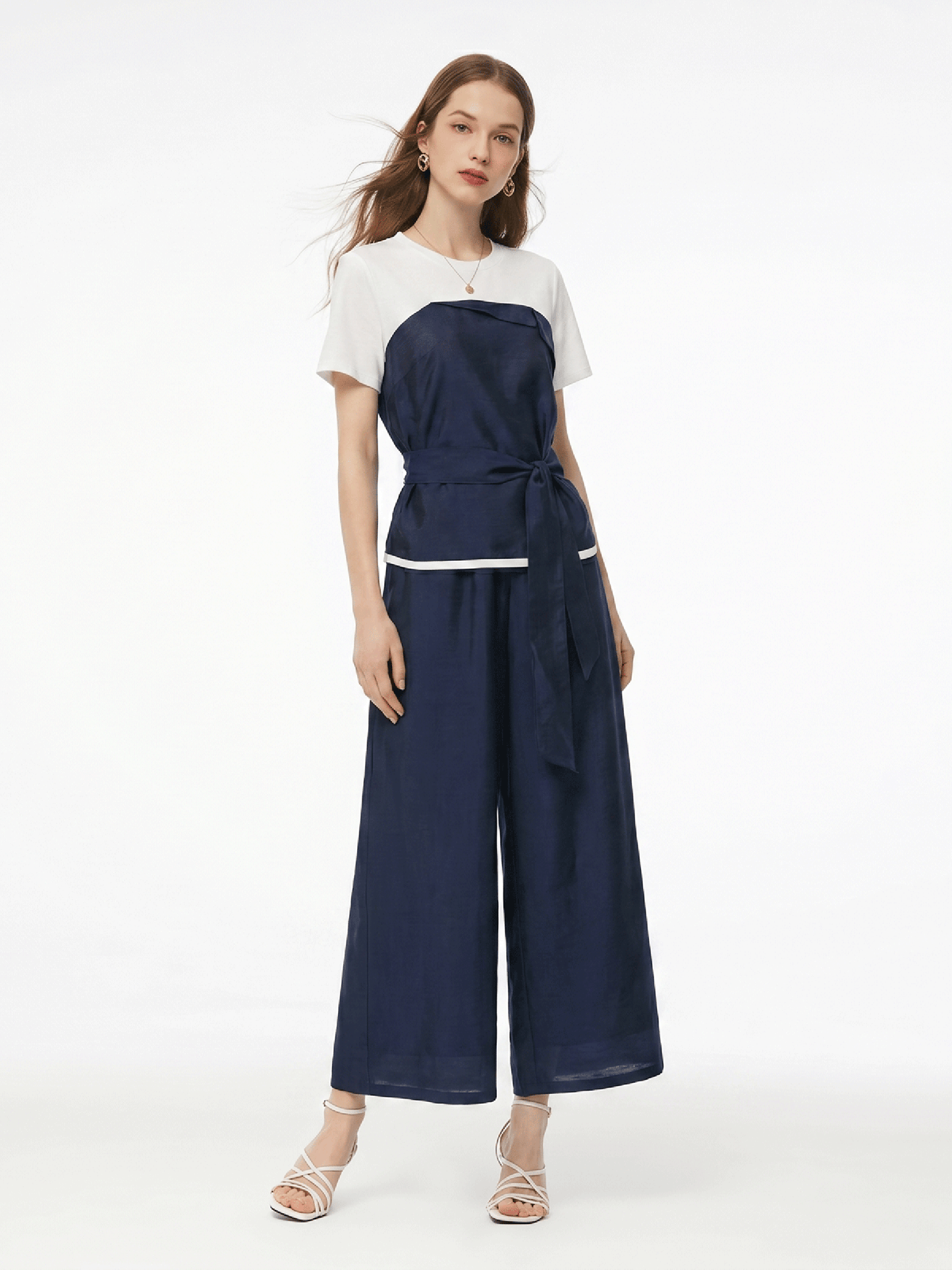 Tencel Blend Patchwork Top And Pants Two-Piece Set