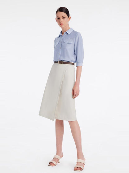 Acetate Shirt And Half Women Skirt Two-Piece Set With Leather Belt