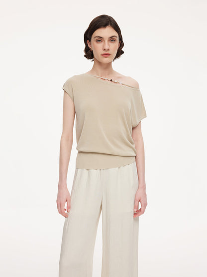 Tencel Mulberry Silk Blend Women Knit Top With Detachable Necklace