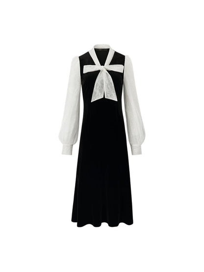 Lace Patchwork Velvet Women Midi Dress