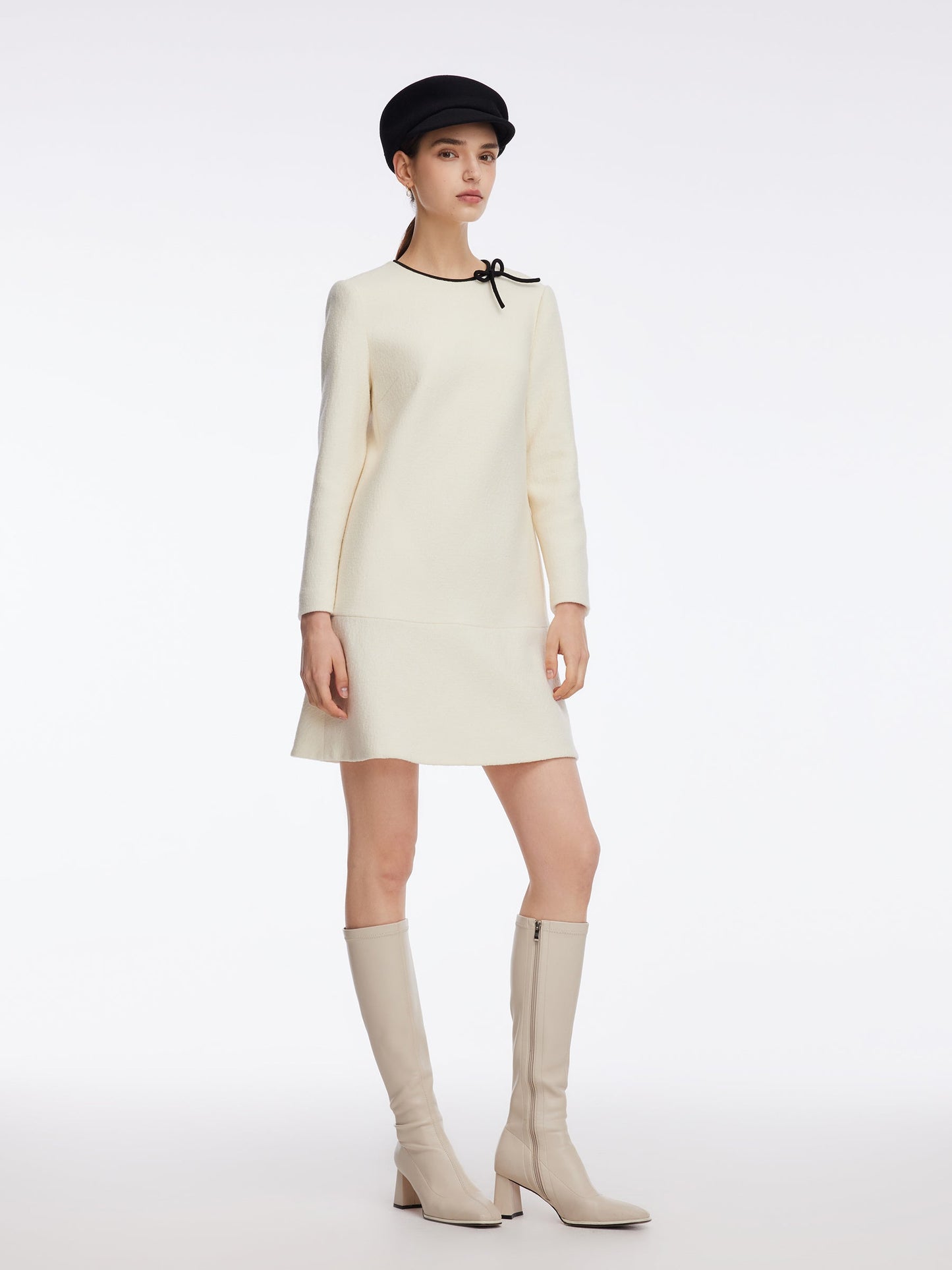 100% Wool Contrast Trim Neck A-Line Women Mini Dress