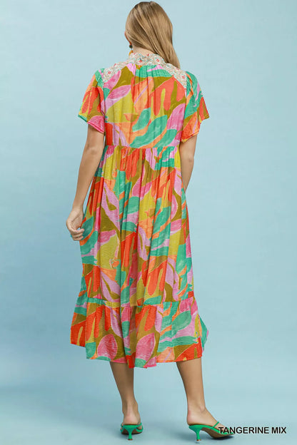 Umgee Abstract Tropical Print Tiered Midi Dress