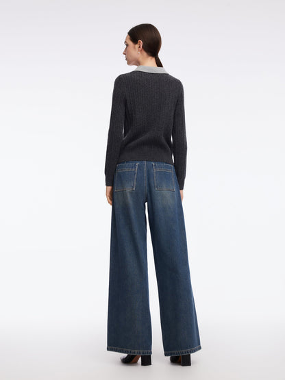 100% Wool Faux-Layered Lapel Women Knit Top