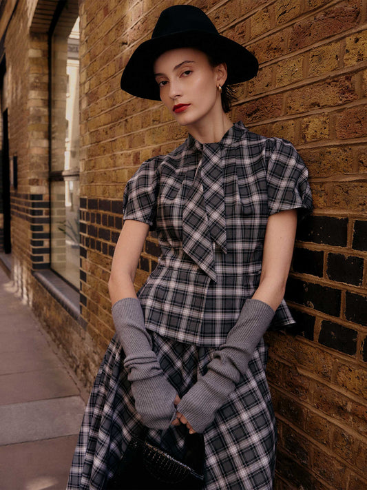 Plaid Ribbon Tie Women Flare Hem Top