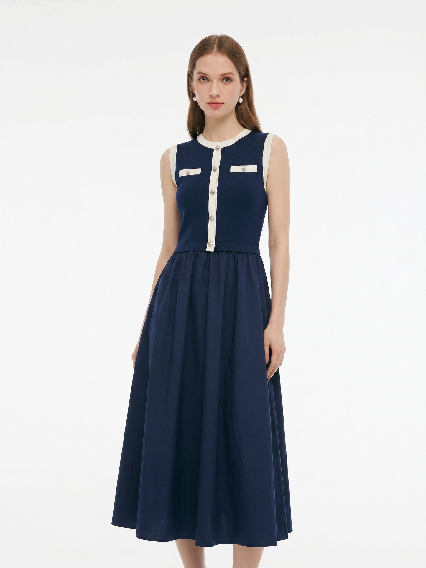 Lyocell Blend Contrast Trim Women Patchwork Sleeveless Maxi Dress