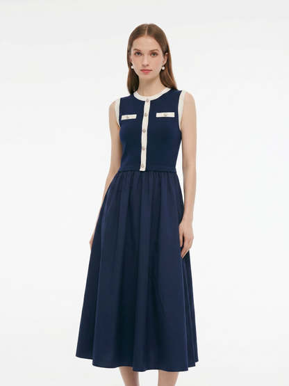 Lyocell Blend Contrast Trim Women Patchwork Sleeveless Maxi Dress