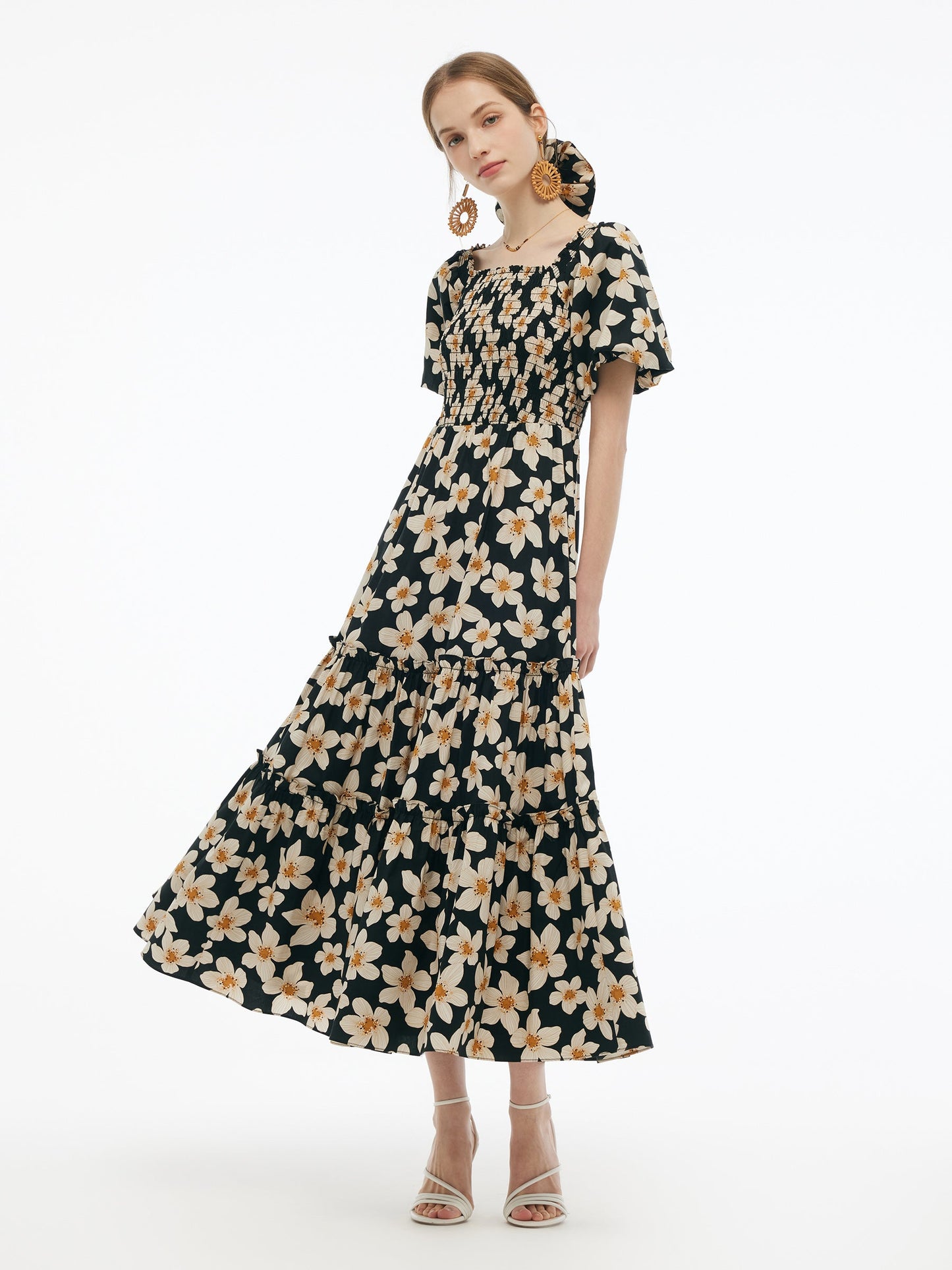 Cotton Stretch Floral Print Women Smocked Maxi Dress