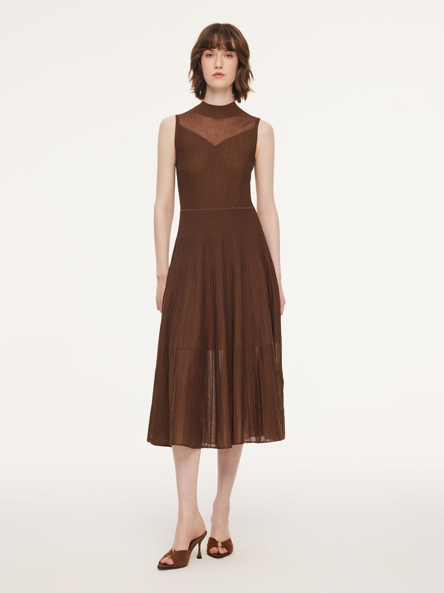 Mock Neck Sleeveless A-Line Women Pleated Maxi Dress