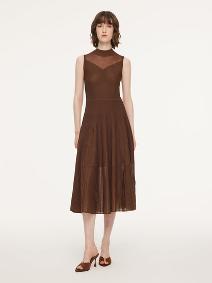 Mock Neck Sleeveless A-Line Women Pleated Maxi Dress
