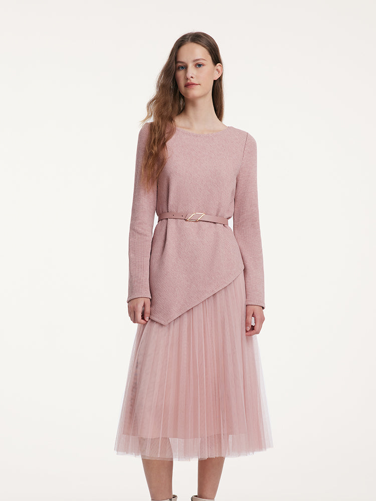 Asymmetrical Hem Top And Tulle Women Skirt With Belt Two-Piece Set