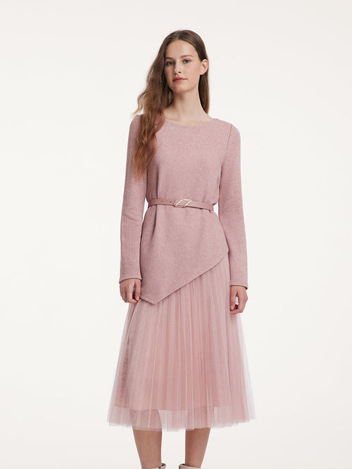 Asymmetrical Hem Top And Tulle Women Skirt With Belt Two-Piece Set
