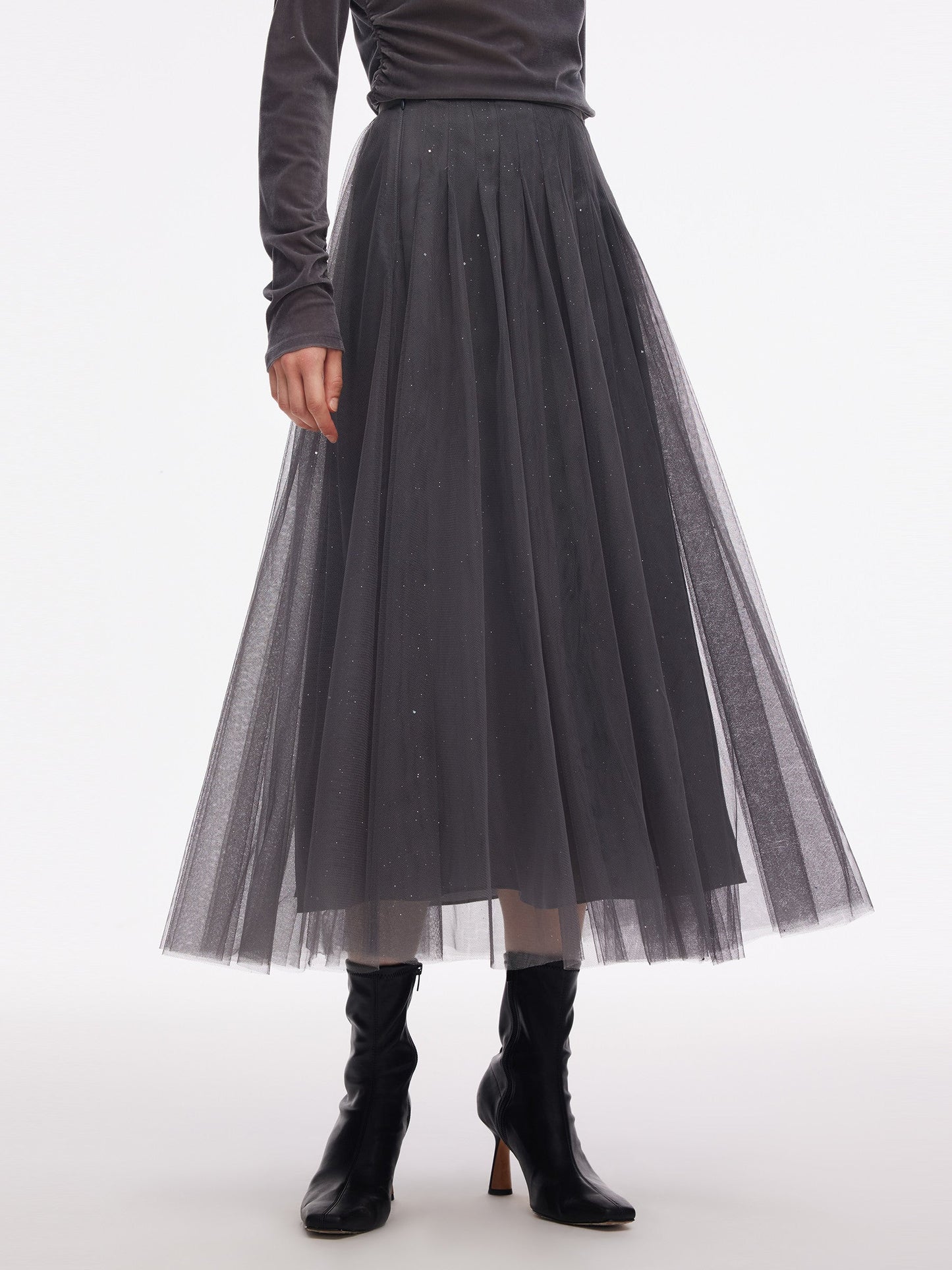 Mesh Elastic Waist Sequins Pleated Women Skirt