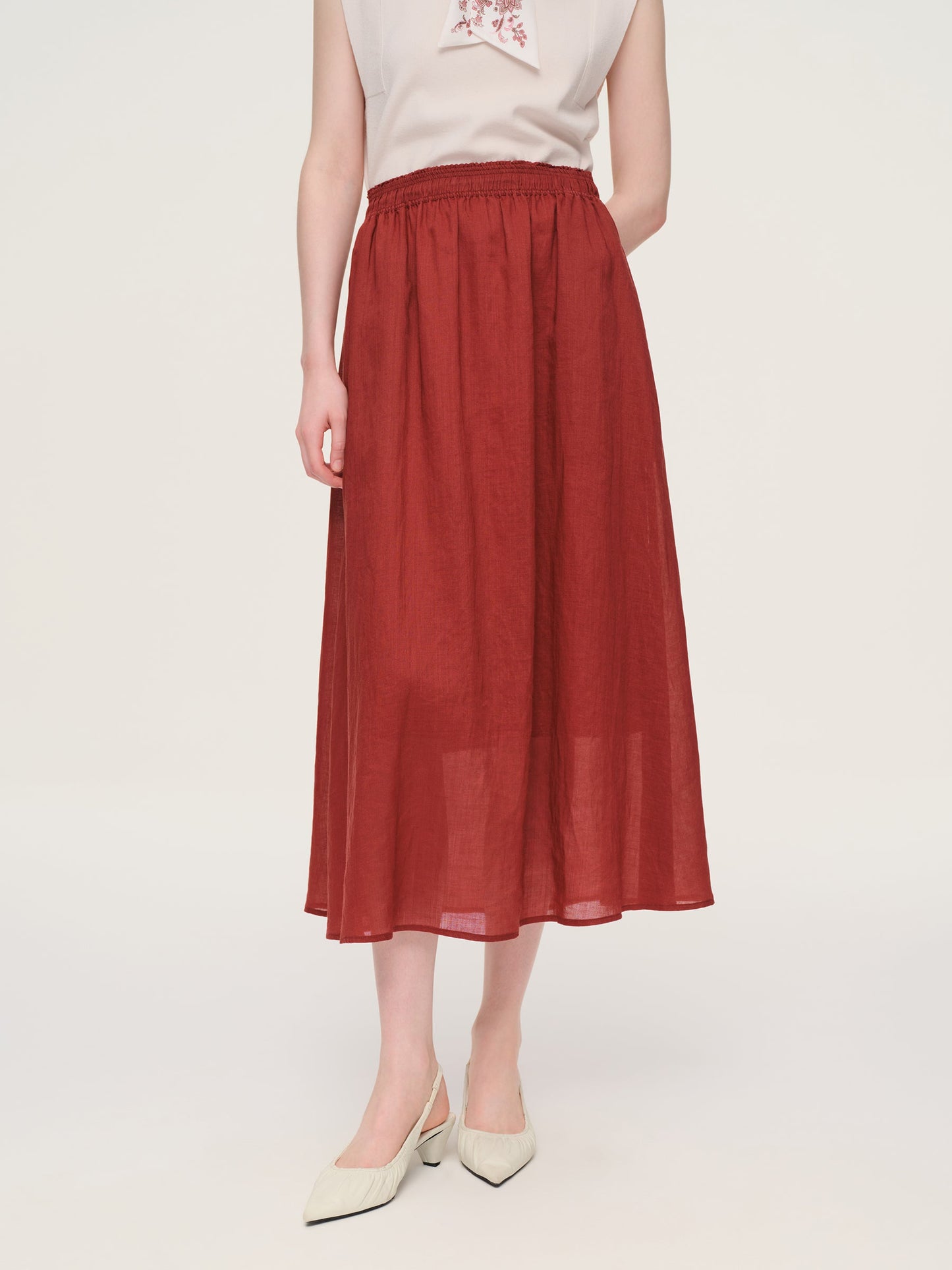 Cap Sleeve Knit Tank Top And 100% Ramie Skirt Two-Piece Set With Silk Scarf