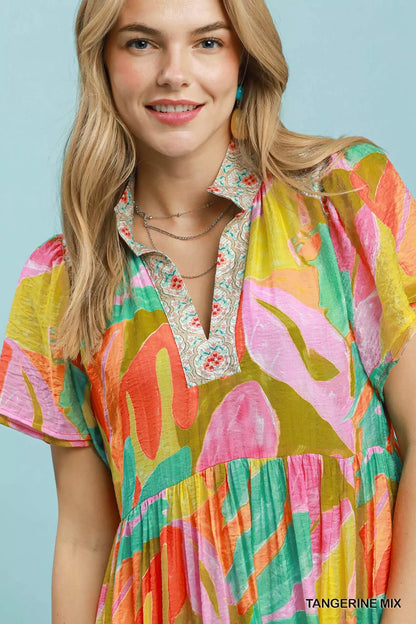 Umgee Abstract Tropical Print Tiered Midi Dress