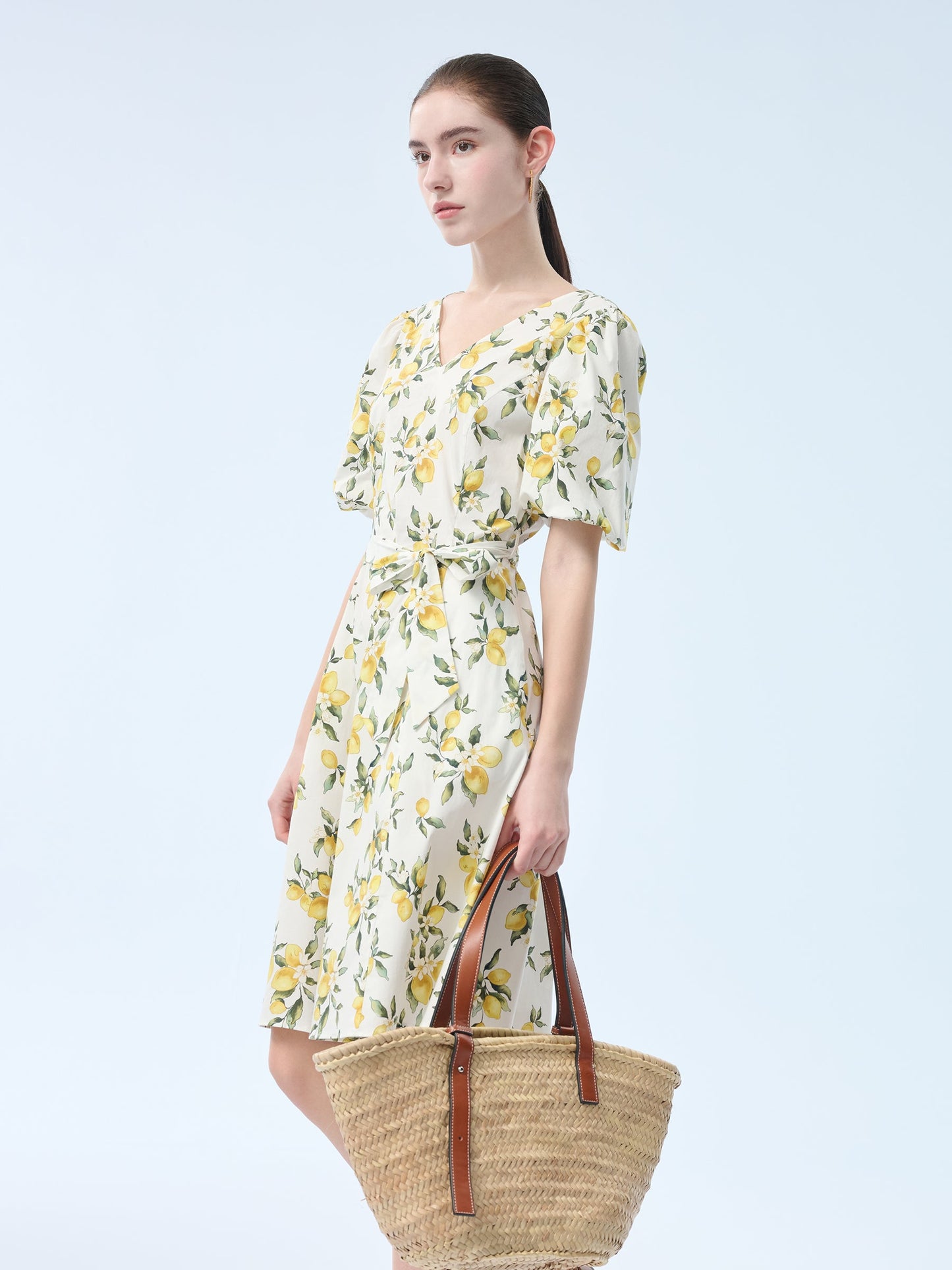 Cotton Lemon Print V-Neck Women Belted Midi Dress