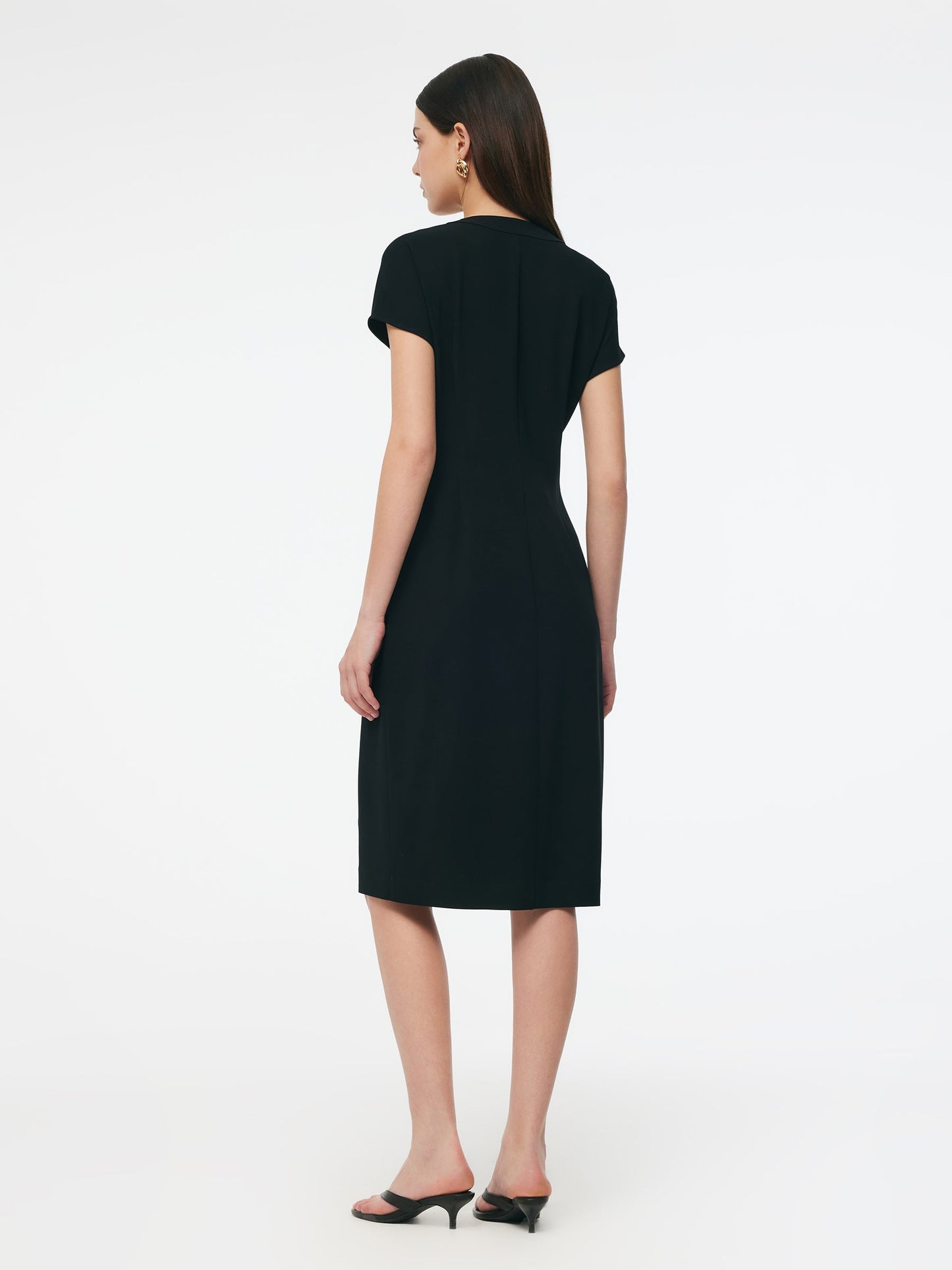 Triacetate Blend V-Neck Women Gathered Waist Midi Dress