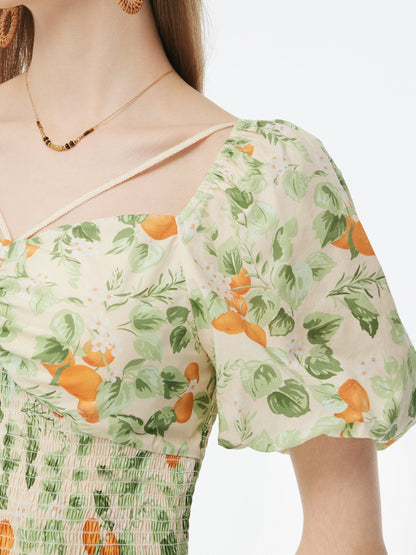 Cotton Floral Print Women Smocked Top