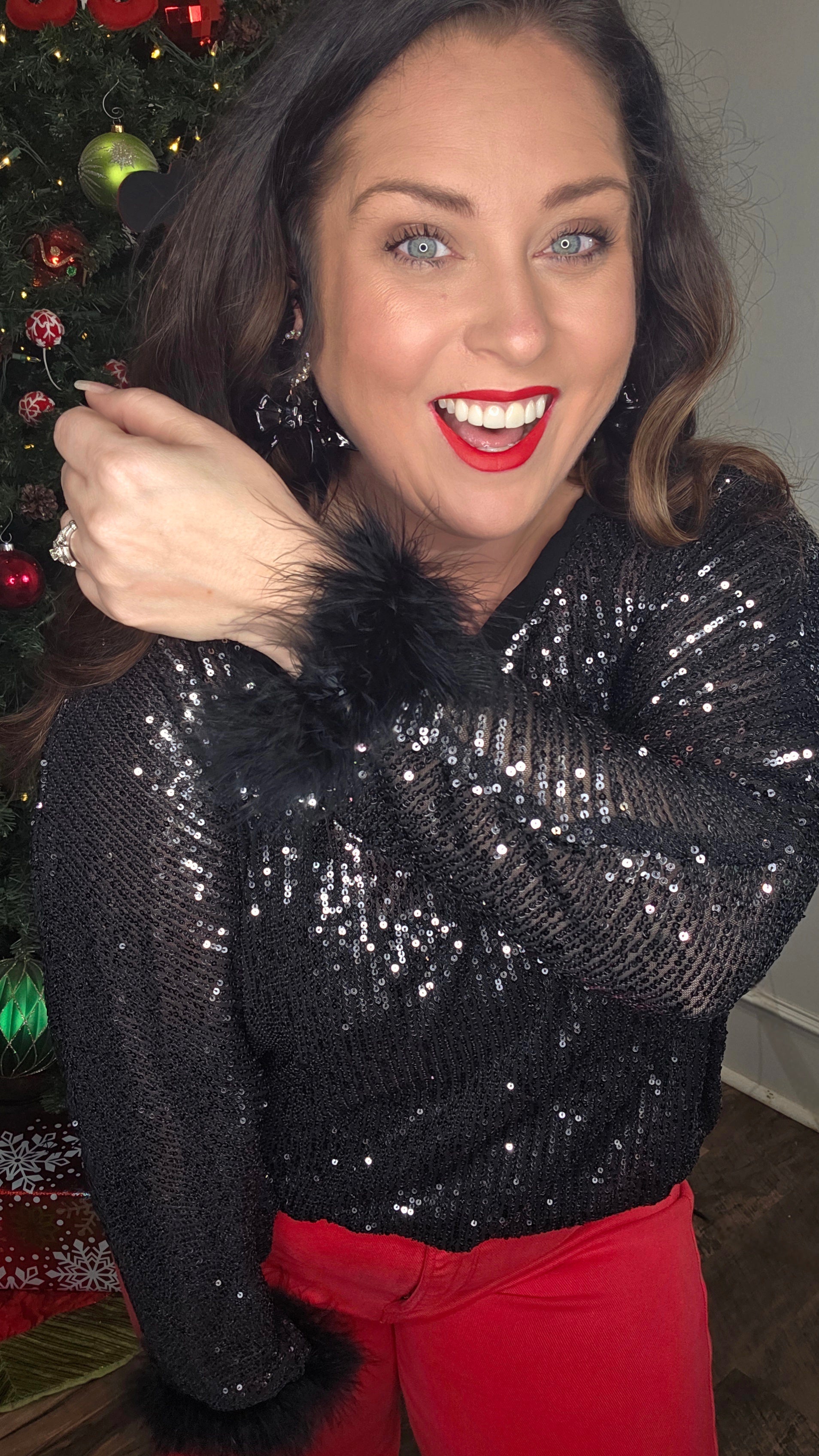 Origami - Black Sequin Top with Faux Feather Trimmed Sleeve