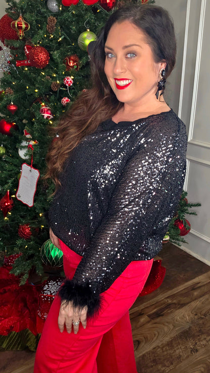 Origami - Black Sequin Top with Faux Feather Trimmed Sleeve