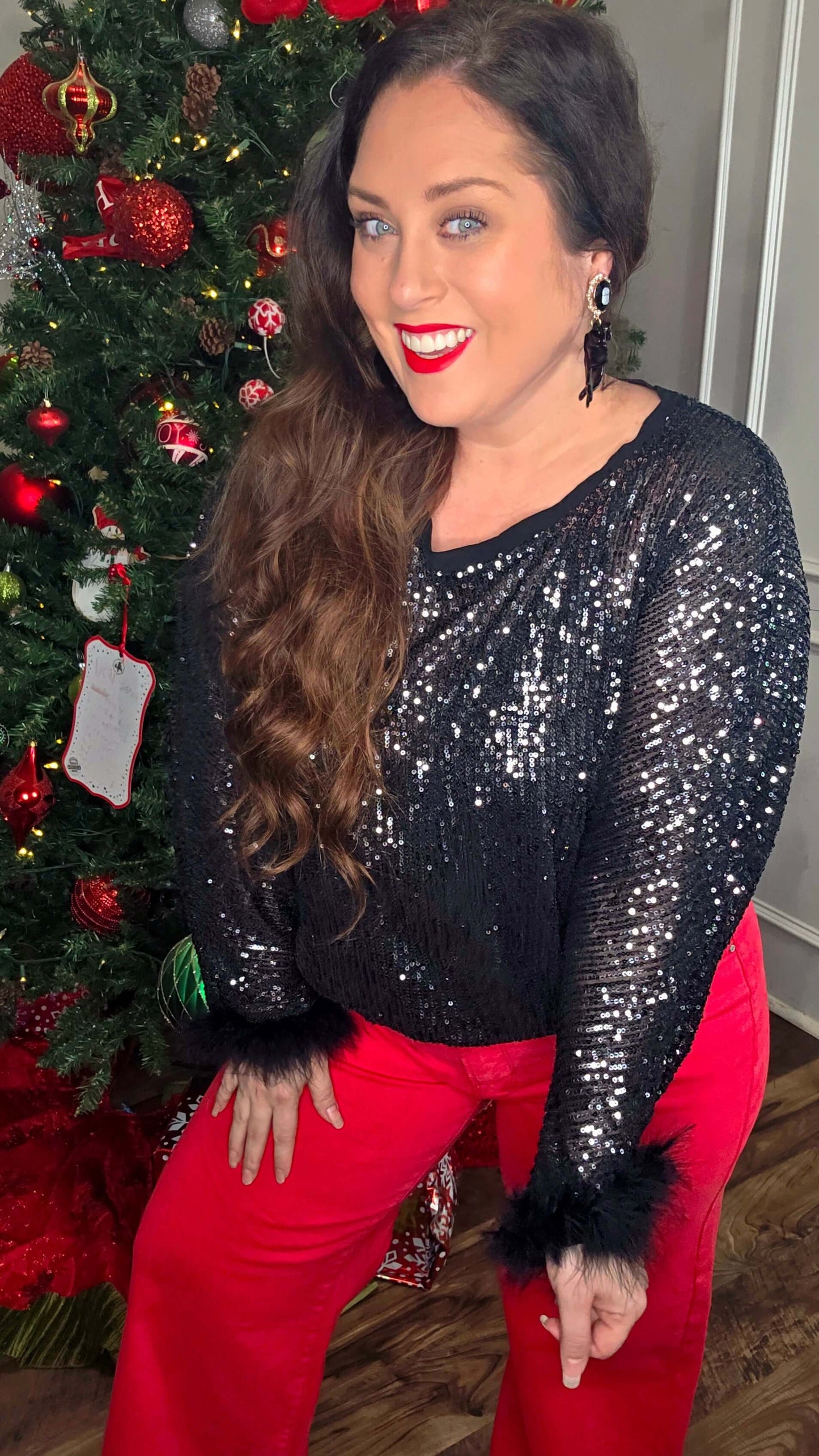Origami - Black Sequin Top with Faux Feather Trimmed Sleeve