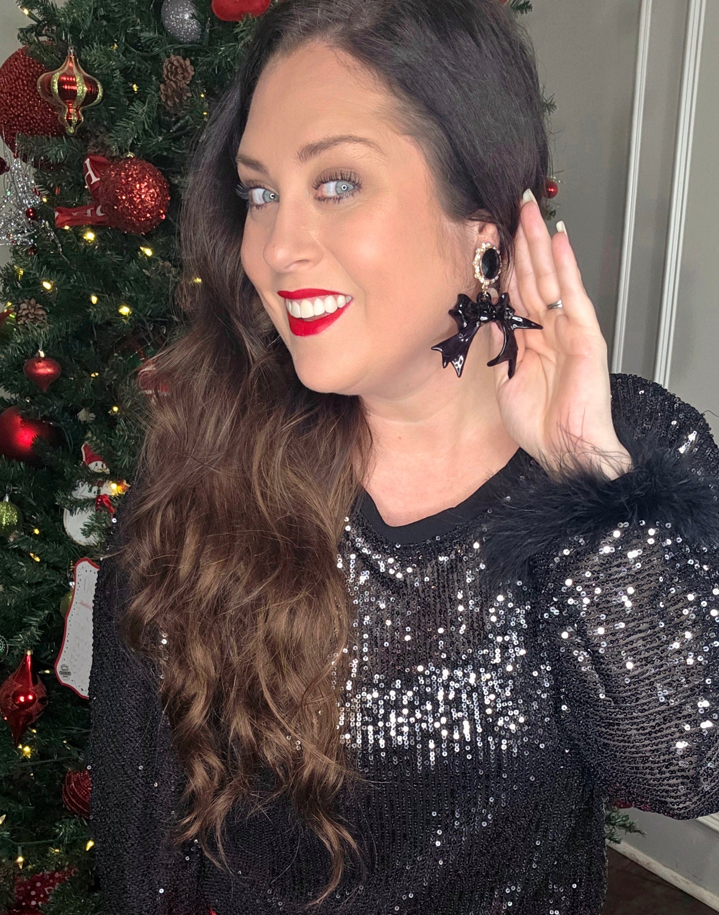Origami - Black Sequin Top with Faux Feather Trimmed Sleeve