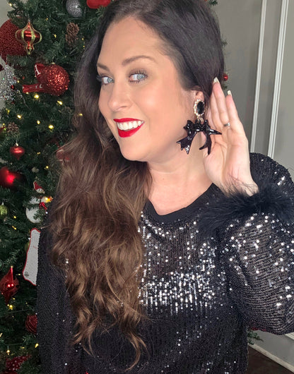 Origami - Black Sequin Top with Faux Feather Trimmed Sleeve