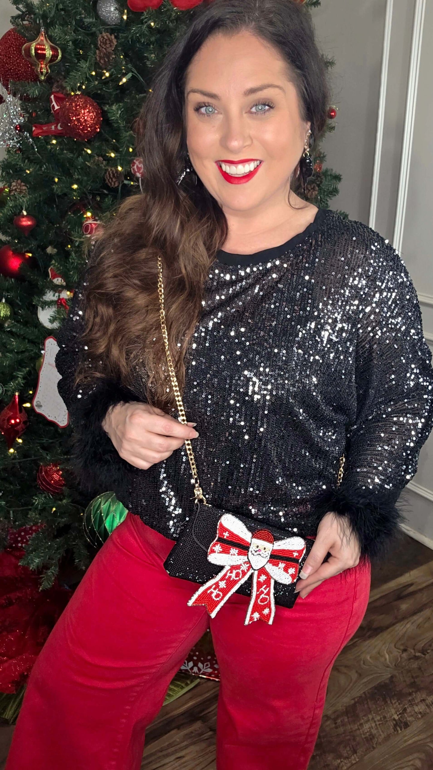 Origami - Black Sequin Top with Faux Feather Trimmed Sleeve