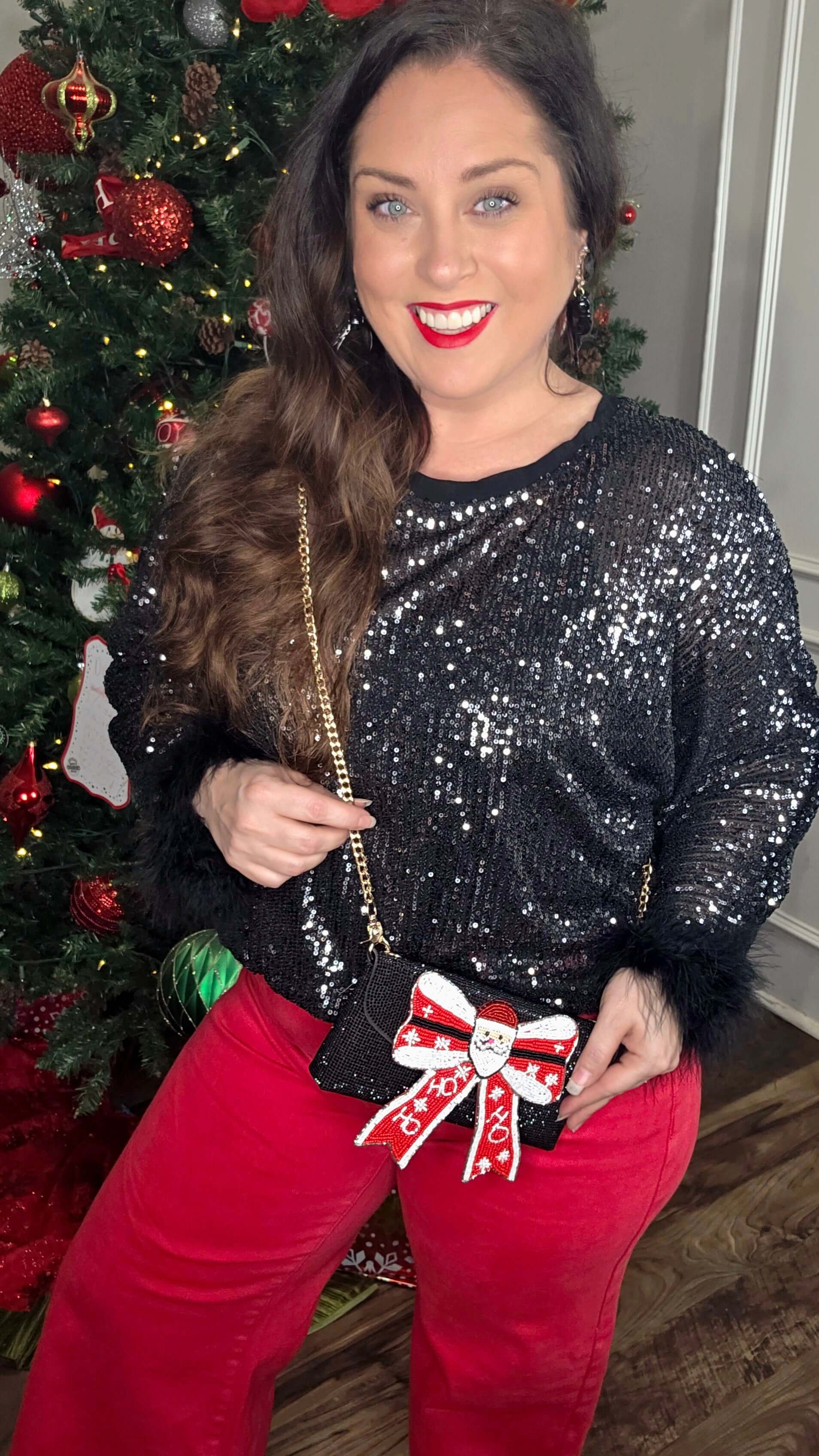 Origami - Black Sequin Top with Faux Feather Trimmed Sleeve