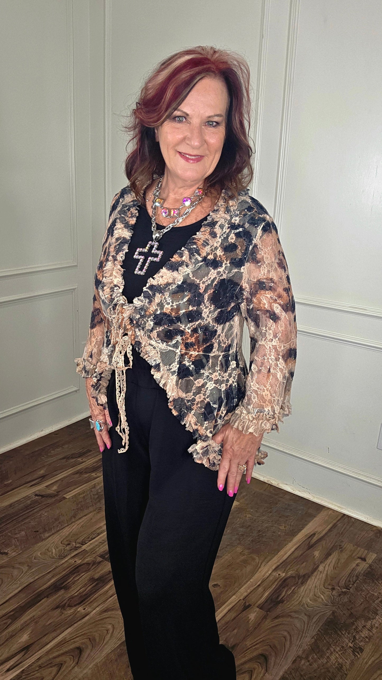Origami - Leopard Lace Ruffle Short Cardigan
