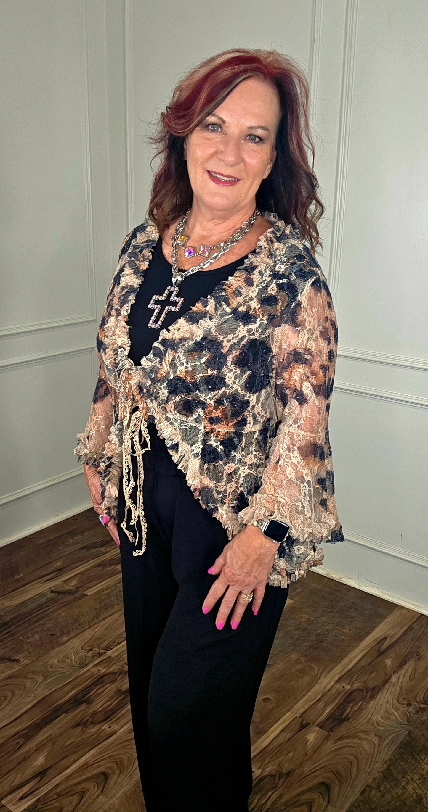Origami - Leopard Lace Ruffle Short Cardigan