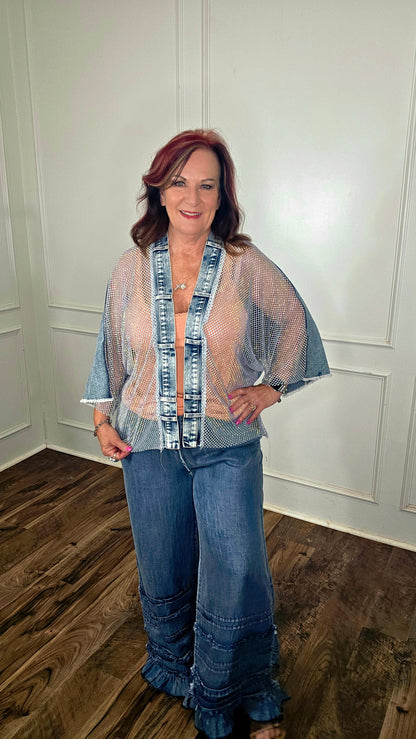 Origami - Rhinestone Mesh Denim Poncho Vest