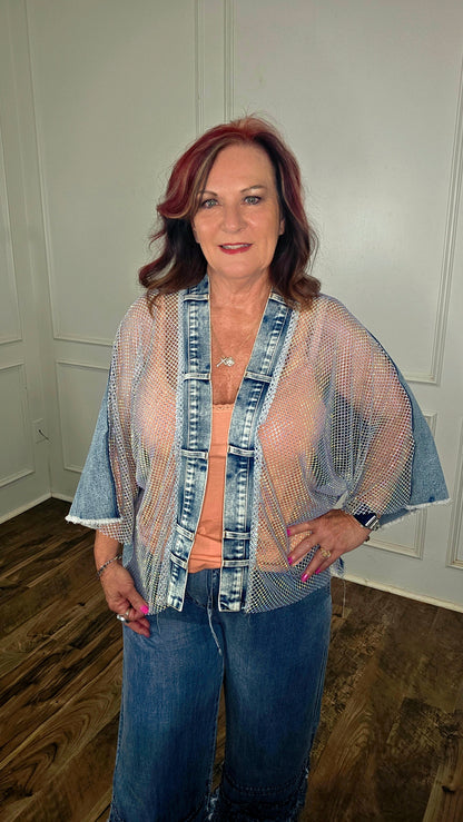 Origami - Rhinestone Mesh Denim Poncho Vest
