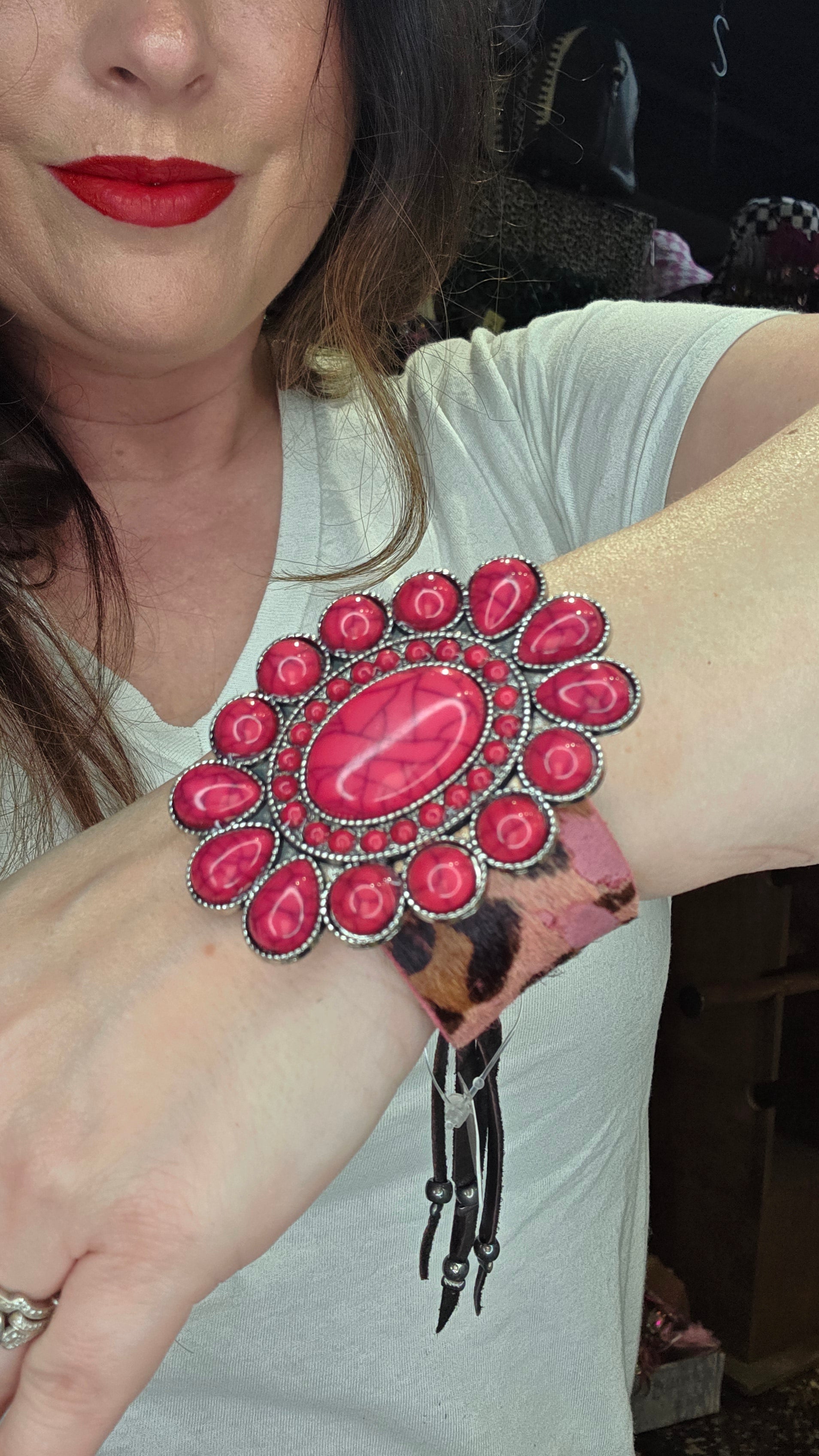 Pink Concho Leather Hide Bracelet by Sandra Ling Designs