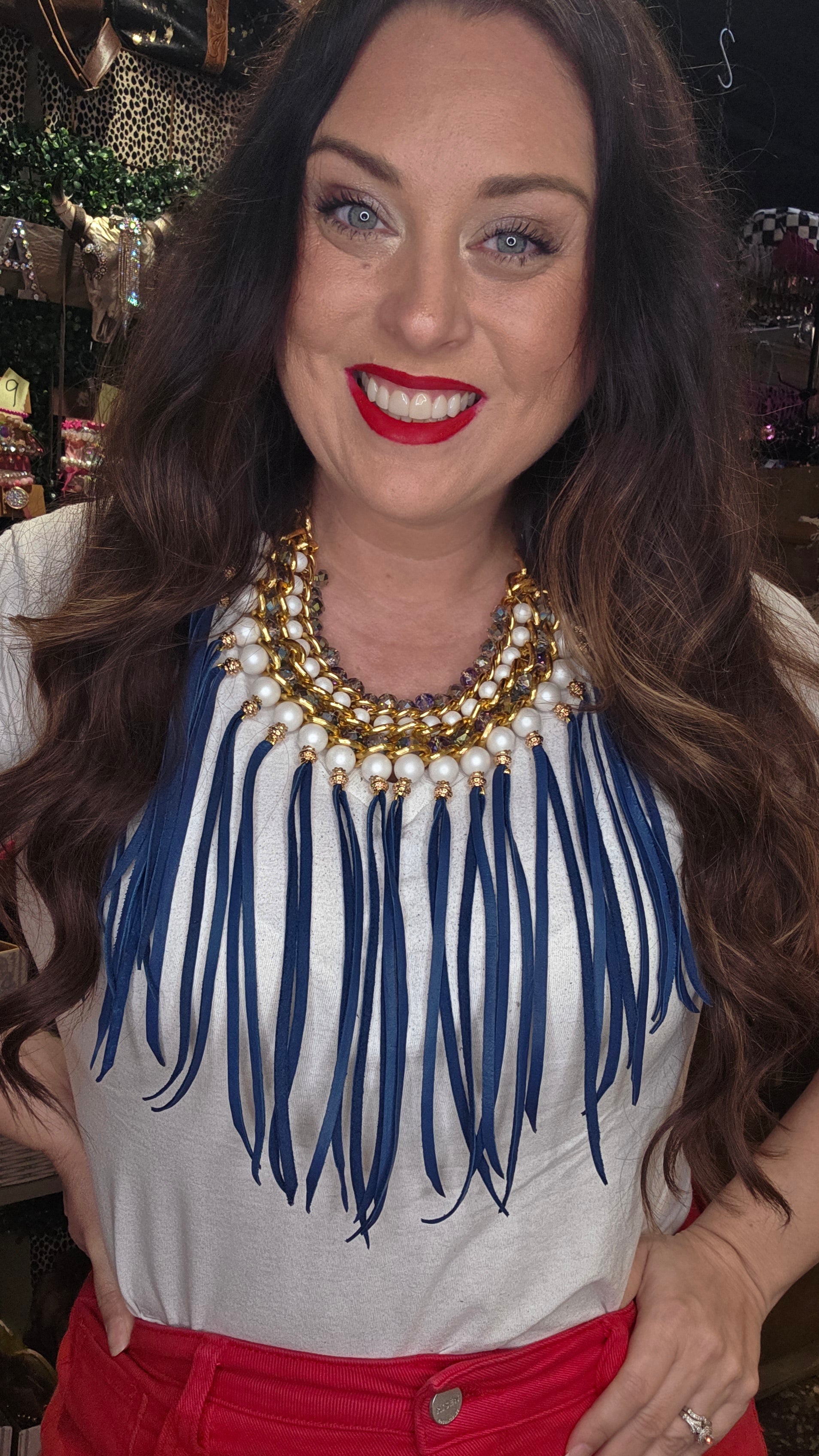 Pearl & Blue Leather Fringe Statement Necklace | Luxe Glam Collar by Sandra Ling Designs