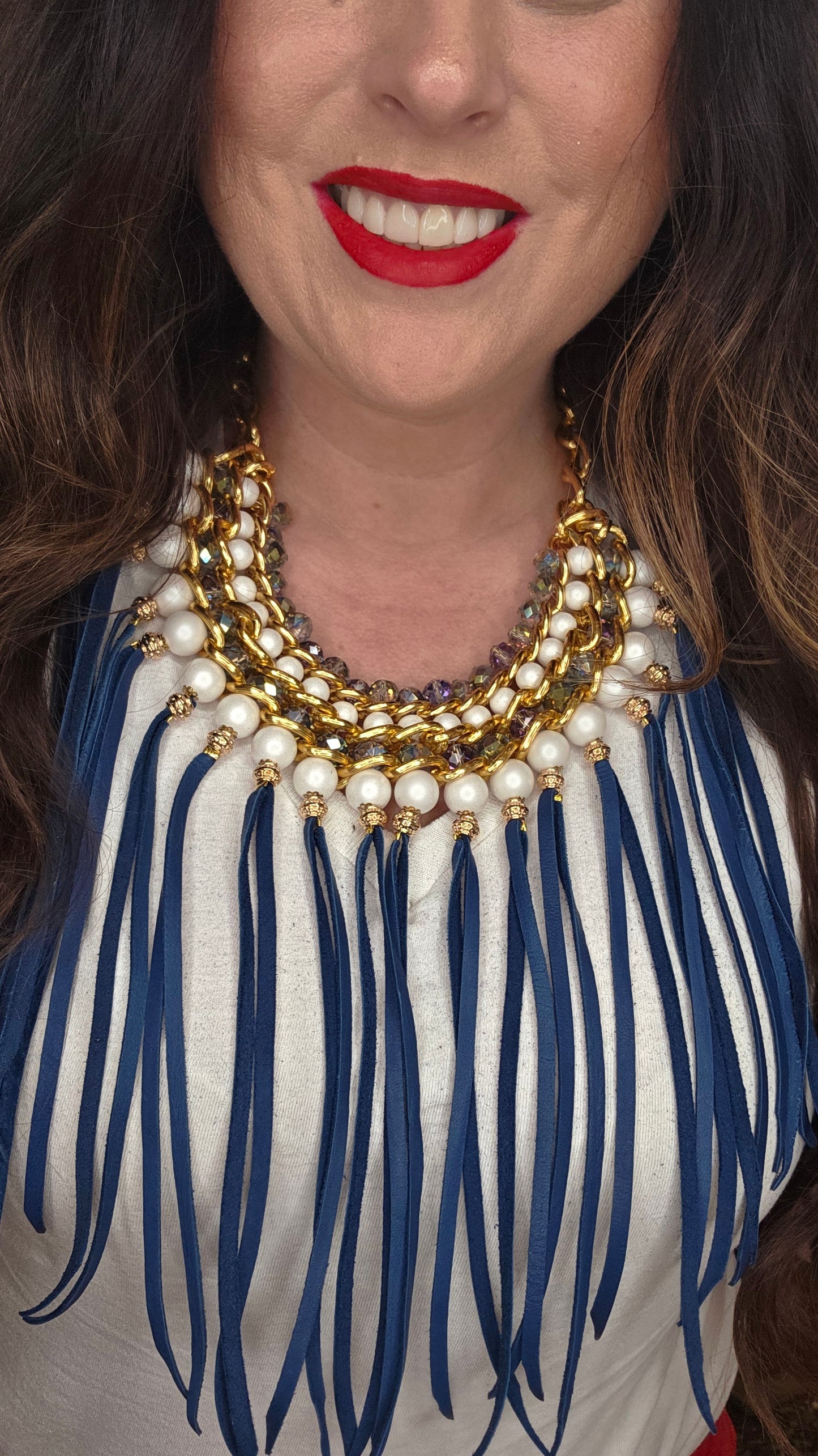 Pearl & Blue Leather Fringe Statement Necklace | Luxe Glam Collar by Sandra Ling Designs