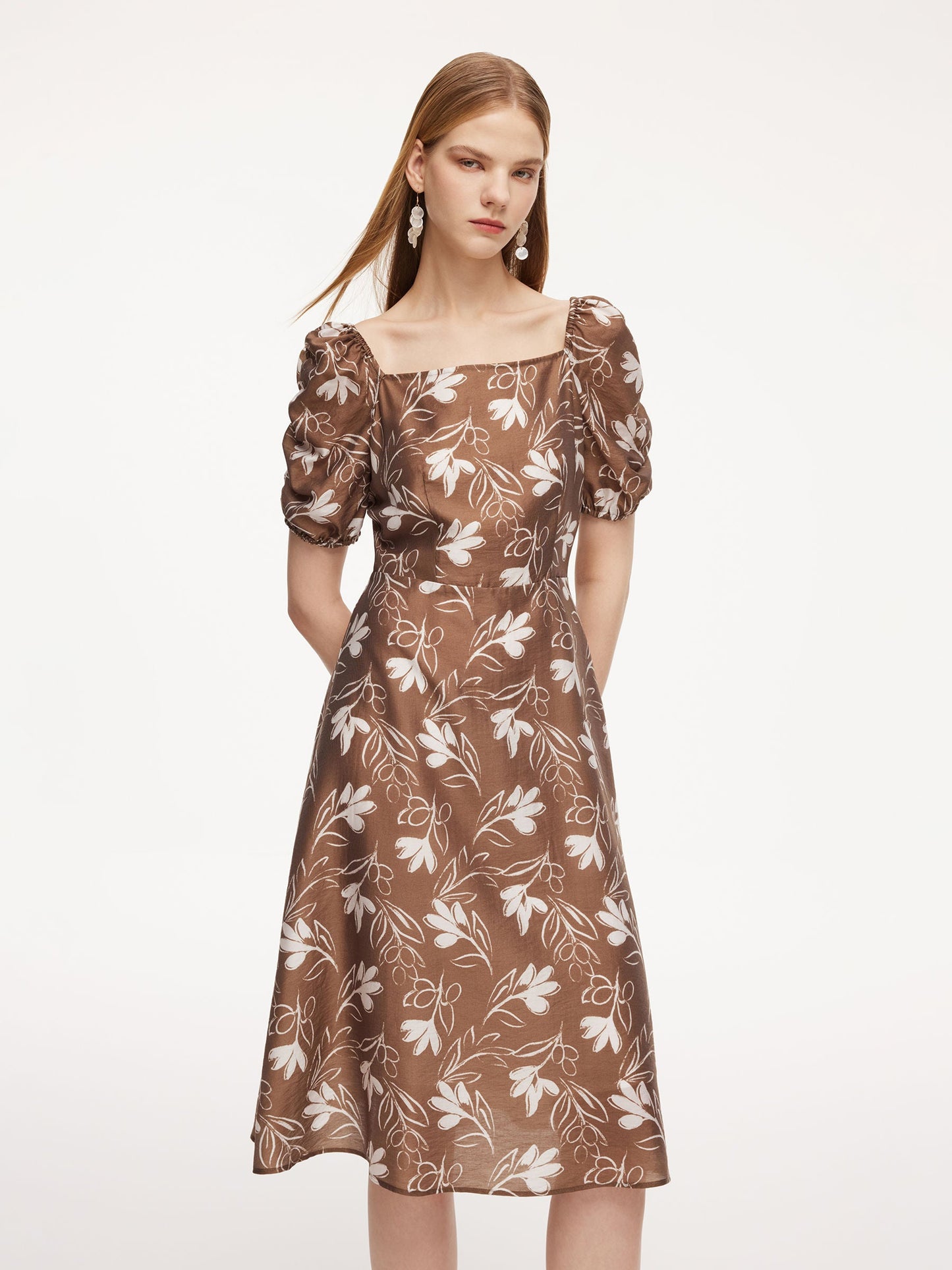 Tencel Blend Floral Print Square Neck Women Midi Dress