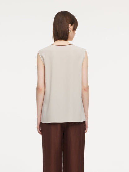Acetate Blend Tie Front Contrast Trim Women Tank Top