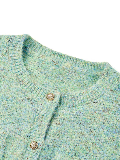 Melange Green Single Breasted Women Cardigan