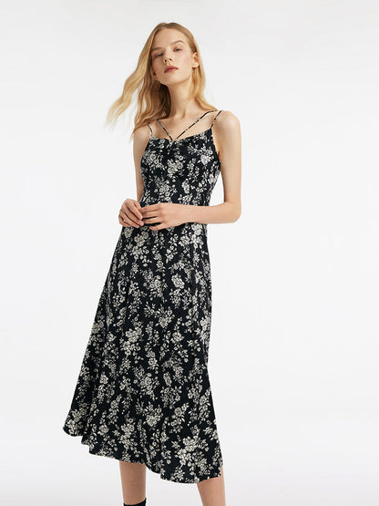 Camellia Print Spaghetti Strap Women Midi Dress