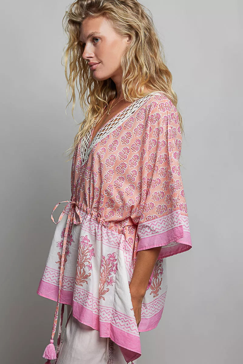 POL Block Print Floral Tie Front Boho Blouse