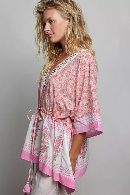 POL Block Print Floral Tie Front Boho Blouse