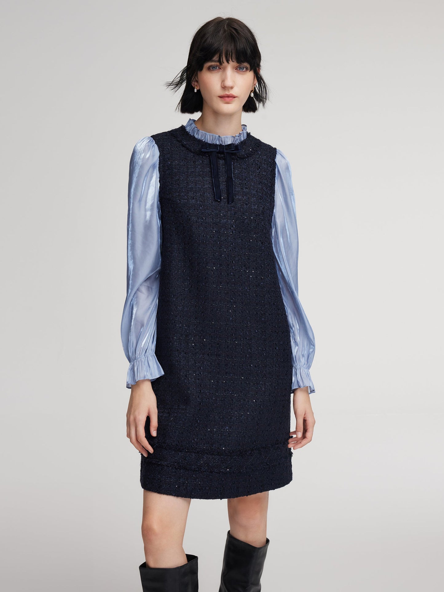 Wool Blend Tweed Sequins Faux-Layered Women Mini Dress
